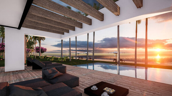 3D рендеринг современного уютного дома с бассейном и парковкой для продажи или аренды в роскошном стиле у моря или океана. Закатный вечер у лазурного побережья с пальмами и цветами на острове Эль