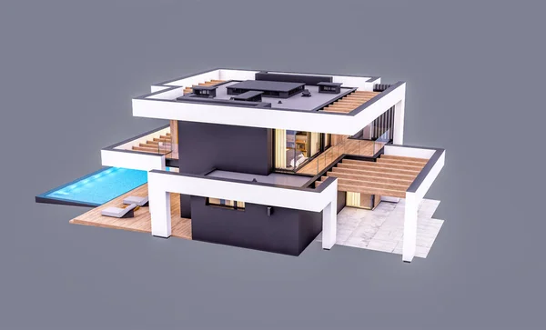 Rendering Von Modernen Gemütlichen Haus Mit Pool Und Parkplatz Zum — Stockfoto