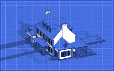Arka planda güzel peyzajlı, garajı ve havuzu satılık ya da kirası olan koloni tarzında modern konforlu klasik evin 3D görüntüsü. Beyaz nokta ve plan arkaplanlı siyah çizgi çizimi