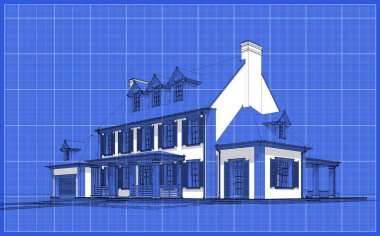 Arka planda güzel peyzajlı, garajı ve havuzu satılık ya da kirası olan koloni tarzında modern konforlu klasik evin 3D görüntüsü. Beyaz nokta ve plan arkaplanlı siyah çizgi çizimi