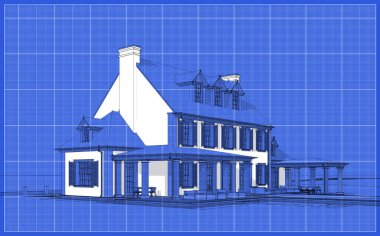 Arka planda güzel peyzajlı, garajı ve havuzu satılık ya da kirası olan koloni tarzında modern konforlu klasik evin 3D görüntüsü. Beyaz nokta ve plan arkaplanlı siyah çizgi çizimi