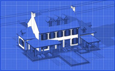 Arka planda güzel peyzajlı, garajı ve havuzu satılık ya da kirası olan koloni tarzında modern konforlu klasik evin 3D görüntüsü. Beyaz nokta ve plan arkaplanlı siyah çizgi çizimi