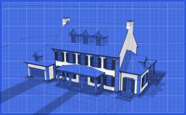 Arka planda güzel peyzajlı, garajı ve havuzu satılık ya da kirası olan koloni tarzında modern konforlu klasik evin 3D görüntüsü. Beyaz nokta ve plan arkaplanlı siyah çizgi çizimi