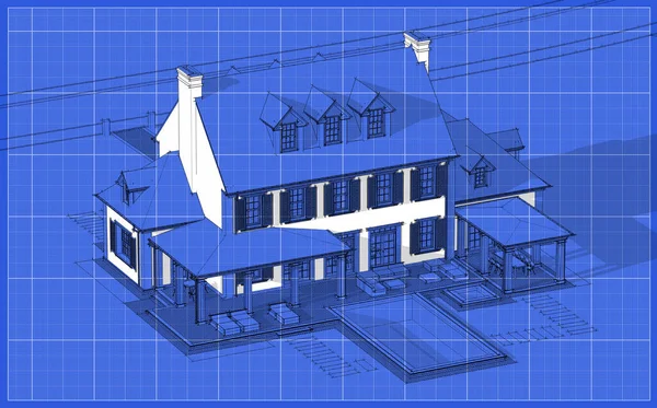 Arka planda güzel peyzajlı, garajı ve havuzu satılık ya da kirası olan koloni tarzında modern konforlu klasik evin 3D görüntüsü. Beyaz nokta ve plan arkaplanlı siyah çizgi çizimi