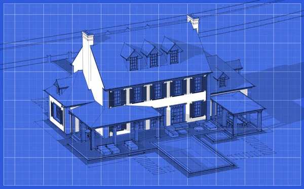 Renderelés Modern Hangulatos Klasszikus Ház Gyarmati Stílusban Garázs Medence Eladó — Stock Fotó
