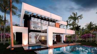 Havuzu ve satılık park yeri olan ya da deniz ya da okyanus kenarında lüks tarzda kiralanan modern konforlu bir ev. Tropikal adada palmiye ağaçları ve çiçeklerle masmavi sahilde gün batımı