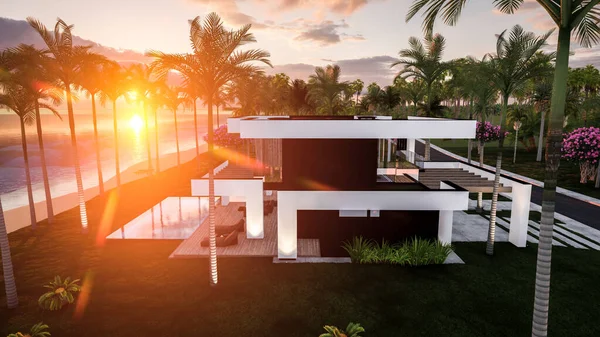 3D展示现代化舒适的房子 配有游泳池和停车场供出售或在海边以豪华风格出租 傍晚时分 热带岛屿上 碧绿的海岸上 长着棕榈树和花朵 夕阳西下 — 图库照片