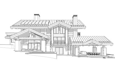 Havuzu ve kiralık park yeri olan modern konforlu bir dağ evi. Devasa kereste kirişleri. Beyaz zemin üzerinde yumuşak ışık gölgeleri olan siyah çizgi çizimi.