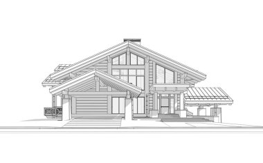 Havuzu ve kiralık park yeri olan modern konforlu bir dağ evi. Devasa kereste kirişleri. Beyaz zemin üzerinde yumuşak ışık gölgeleri olan siyah çizgi çizimi.