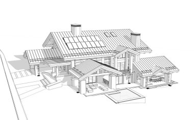 Havuzu ve kiralık park yeri olan modern konforlu bir dağ evi. Devasa kereste kirişleri. Beyaz zemin üzerinde yumuşak ışık gölgeleri olan siyah çizgi çizimi.