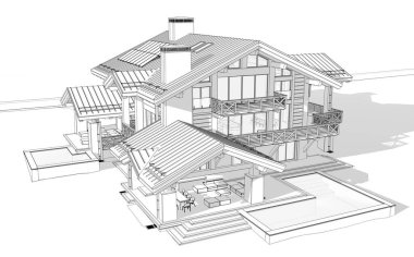 Havuzu ve kiralık park yeri olan modern konforlu bir dağ evi. Devasa kereste kirişleri. Beyaz zemin üzerinde yumuşak ışık gölgeleri olan siyah çizgi çizimi.