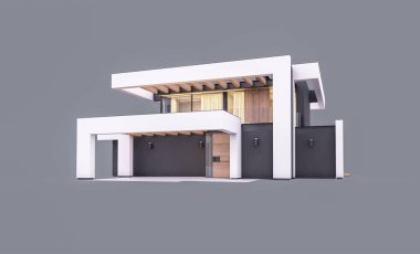 Havuzu ve park yeri olan modern konforlu bir evin 3 boyutlu tasarımı. Satılık ya da lüks tarzda. Akşamları. Gri renkte izole edilmiş