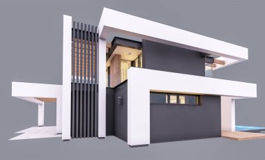 Havuzu ve park yeri olan modern konforlu bir evin 3 boyutlu tasarımı. Satılık ya da lüks tarzda. Akşamları. Gri renkte izole edilmiş
