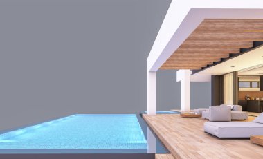 Havuzu ve park yeri olan modern konforlu bir evin 3 boyutlu tasarımı. Satılık ya da lüks tarzda. Akşamları. Gri renkte izole edilmiş