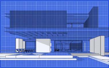 Park yeri ve havuzu satılık ya da ahşap kaplamalı modern konforlu ev. Beyaz nokta ve plan arkaplanlı siyah çizgi çizimi