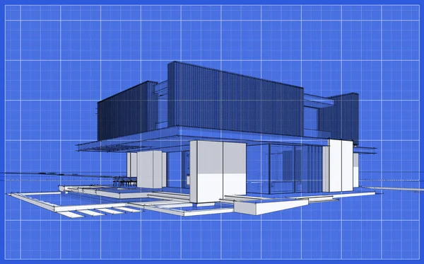 Renderowania Nowoczesnego Przytulnego Domu Parkingiem Basenem Sprzedaż Lub Wynajem Deski — Zdjęcie stockowe