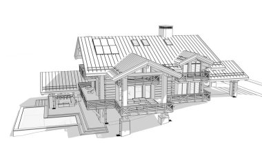 Havuzu ve kiralık park yeri olan modern konforlu bir dağ evi. Devasa kereste kirişleri. Beyaz zemin üzerinde yumuşak ışık gölgeleri olan siyah çizgi çizimi.