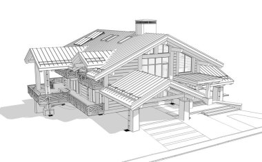 Havuzu ve kiralık park yeri olan modern konforlu bir dağ evi. Devasa kereste kirişleri. Beyaz zemin üzerinde yumuşak ışık gölgeleri olan siyah çizgi çizimi.