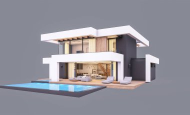 Havuzu ve park yeri olan modern konforlu bir evin 3 boyutlu tasarımı. Satılık ya da lüks tarzda. Akşamları. Gri renkte izole edilmiş