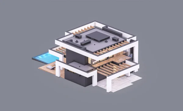豪華なスタイルで販売や賃貸のためのプールや駐車場と現代的な居心地の良い家の3Dレンダリング 灰色に隔離された — ストック写真