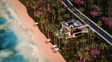 Havuzu ve satılık park yeri olan ya da deniz ya da okyanus kenarında lüks tarzda kiralanan modern konforlu bir ev. Tropikal adada palmiye ağaçları ve çiçeklerle masmavi sahilde gün batımı