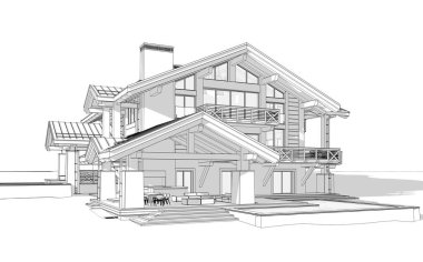 Havuzu ve kiralık park yeri olan modern konforlu bir dağ evi. Devasa kereste kirişleri. Beyaz zemin üzerinde yumuşak ışık gölgeleri olan siyah çizgi çizimi.