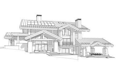 Havuzu ve kiralık park yeri olan modern konforlu bir dağ evi. Devasa kereste kirişleri. Beyaz zemin üzerinde yumuşak ışık gölgeleri olan siyah çizgi çizimi.