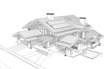 Havuzu ve kiralık park yeri olan modern konforlu bir dağ evi. Devasa kereste kirişleri. Beyaz zemin üzerinde yumuşak ışık gölgeleri olan siyah çizgi çizimi.