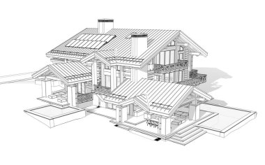 Havuzu ve kiralık park yeri olan modern konforlu bir dağ evi. Devasa kereste kirişleri. Beyaz zemin üzerinde yumuşak ışık gölgeleri olan siyah çizgi çizimi.