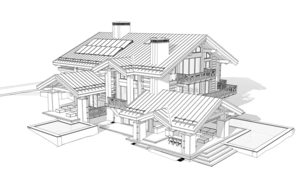 Havuzu ve kiralık park yeri olan modern konforlu bir dağ evi. Devasa kereste kirişleri. Beyaz zemin üzerinde yumuşak ışık gölgeleri olan siyah çizgi çizimi.