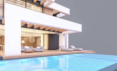 Havuzu ve park yeri olan modern konforlu bir evin 3 boyutlu tasarımı. Satılık ya da lüks tarzda. Akşamları. Gri renkte izole edilmiş