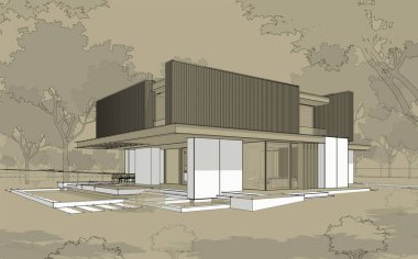 Park yeri ve havuzu satılık ya da ahşap kaplamalı modern konforlu ev. Beyaz noktalı siyah çizgi çizimi ve zanaat arka planında el çizimi.