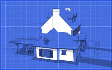 Arka planda güzel peyzajlı, garajı ve havuzu satılık ya da kirası olan koloni tarzında modern konforlu klasik evin 3D görüntüsü. Beyaz nokta ve plan arkaplanlı siyah çizgi çizimi