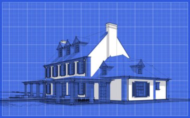 Arka planda güzel peyzajlı, garajı ve havuzu satılık ya da kirası olan koloni tarzında modern konforlu klasik evin 3D görüntüsü. Beyaz nokta ve plan arkaplanlı siyah çizgi çizimi
