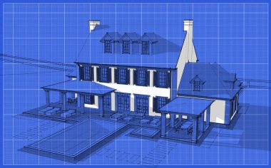 Arka planda güzel peyzajlı, garajı ve havuzu satılık ya da kirası olan koloni tarzında modern konforlu klasik evin 3D görüntüsü. Beyaz nokta ve plan arkaplanlı siyah çizgi çizimi
