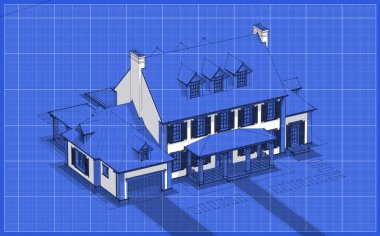 Arka planda güzel peyzajlı, garajı ve havuzu satılık ya da kirası olan koloni tarzında modern konforlu klasik evin 3D görüntüsü. Beyaz nokta ve plan arkaplanlı siyah çizgi çizimi