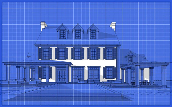 Renderowania Nowoczesnego Przytulnego Klasycznego Domu Stylu Kolonialnym Garażem Basenem Sprzedaż — Zdjęcie stockowe