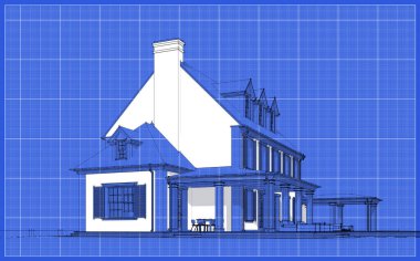Arka planda güzel peyzajlı, garajı ve havuzu satılık ya da kirası olan koloni tarzında modern konforlu klasik evin 3D görüntüsü. Beyaz nokta ve plan arkaplanlı siyah çizgi çizimi