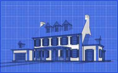 Arka planda güzel peyzajlı, garajı ve havuzu satılık ya da kirası olan koloni tarzında modern konforlu klasik evin 3D görüntüsü. Beyaz nokta ve plan arkaplanlı siyah çizgi çizimi