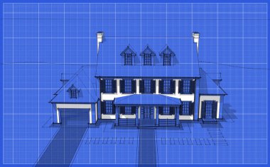Arka planda güzel peyzajlı, garajı ve havuzu satılık ya da kirası olan koloni tarzında modern konforlu klasik evin 3D görüntüsü. Beyaz nokta ve plan arkaplanlı siyah çizgi çizimi