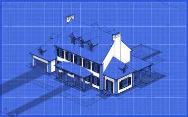 Arka planda güzel peyzajlı, garajı ve havuzu satılık ya da kirası olan koloni tarzında modern konforlu klasik evin 3D görüntüsü. Beyaz nokta ve plan arkaplanlı siyah çizgi çizimi