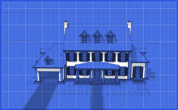 ガレージや販売のためのプールや背景に美しい造園と賃貸と植民地スタイルの現代的な居心地の良い古典的な家の3Dレンダリング 白斑と青写真の背景と黒の線のスケッチ — ストック写真