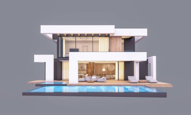 Havuzu ve park yeri olan modern konforlu bir evin 3 boyutlu tasarımı. Satılık ya da lüks tarzda. Akşamları. Gri renkte izole edilmiş