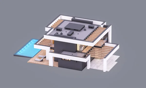 Renderowania Nowoczesnego Przytulnego Domu Basenem Parkingiem Sprzedaż Lub Wynajem Luksusowym — Zdjęcie stockowe