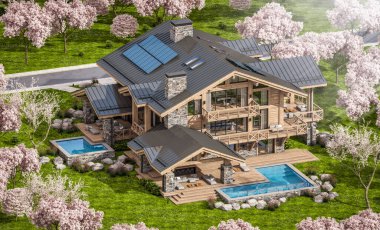 Havuzu ve kiralık park yeri olan modern konforlu bir dağ evi. Arka planda güzel orman dağları. Arka planda sakura çiçekleri olan çiçek açan ağaçlarla taze bir bahar günü..