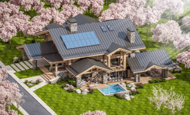 Havuzu ve kiralık park yeri olan modern konforlu bir dağ evi. Arka planda güzel orman dağları. Arka planda sakura çiçekleri olan çiçek açan ağaçlarla taze bir bahar günü..