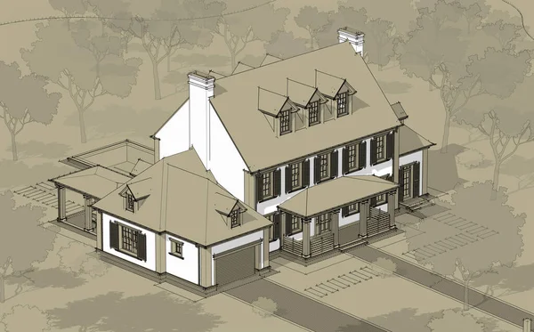 Rendering Van Modern Gezellig Klassiek Huis Koloniale Stijl Met Garage — Stockfoto