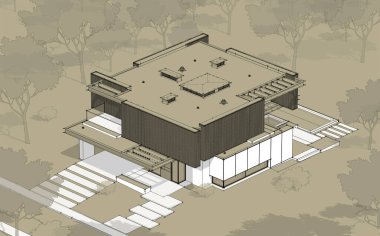 Park yeri ve havuzu satılık ya da ahşap kaplamalı modern konforlu ev. Beyaz noktalı siyah çizgi çizimi ve zanaat arka planında el çizimi.