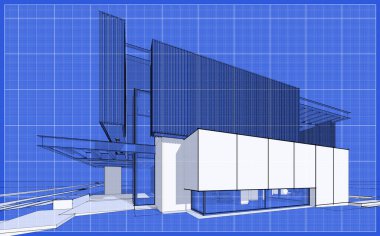 Park yeri ve havuzu satılık ya da ahşap kaplamalı modern konforlu ev. Beyaz nokta ve plan arkaplanlı siyah çizgi çizimi