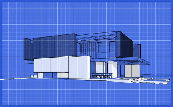 3D展示现代化舒适的房子 设有停车场和供出售的游泳池 或租用木制木板立面 带有白斑和蓝图背景的黑线草图 — 图库照片